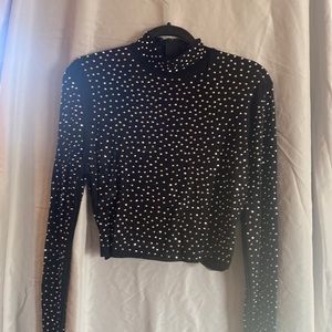 Black mesh and rhinestones cropped turtle neck